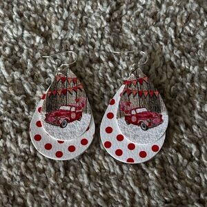 Red polka dot tear drop and vintage truck valentine layered earrings